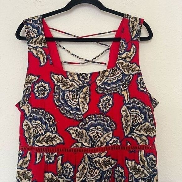 Maurices  Skater Dress Red Floral Ruffle Hem Lattice Back Size Small Boho - Picture 6 of 9